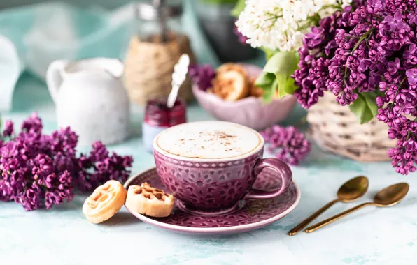 Flowers, coffee, Breakfast, morning, cream, Cup, waffles, lilac