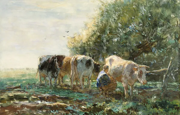 Figure, cows, watercolor, Willem Maris, Milkmaid