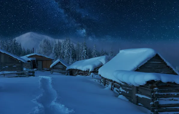 Winter, snow, night, village, house