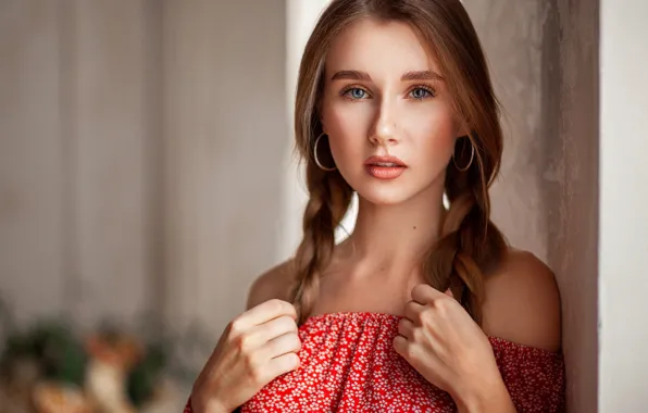 Look, girl, decoration, portrait, earrings, shoulders, braids, Rus