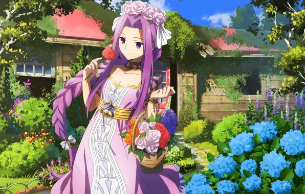 Picture Girl, Anime, Flowers, Medusa, purple hair, Fate (Series), Fate grand order, Medusa Gorgon