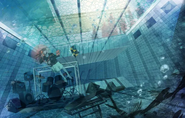 Girl, light, anime, pool, art, instrumento, phone, under water