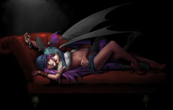 Picture girls, passion, wings, the demon, hugs, art, Ottoman, Darkstalkers