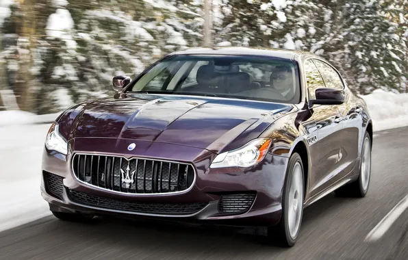 Snow, trees, Maserati, Quattroporte, speed