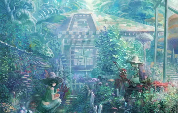 Girl, house, the world, mushrooms, motorcycle, old, sakai yoshikuni (artist)