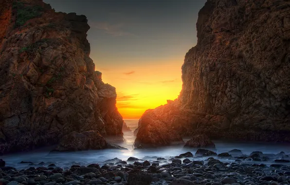Picture sand, beach, the ocean, rocks, dawn, USA, California