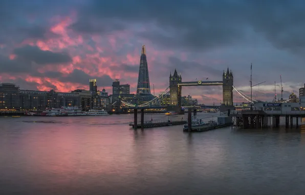 Clouds, river, England, London, tower, Thames, Tower bridge