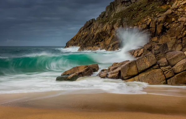 Sand, sea, wave, beach, the sky, clouds, stones, rocks