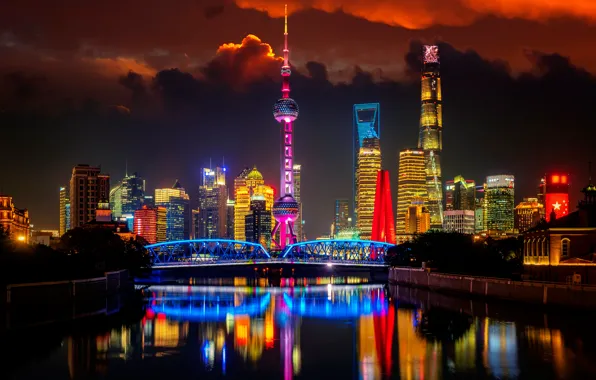 Picture bridge, river, China, building, China, Shanghai, Shanghai, night city