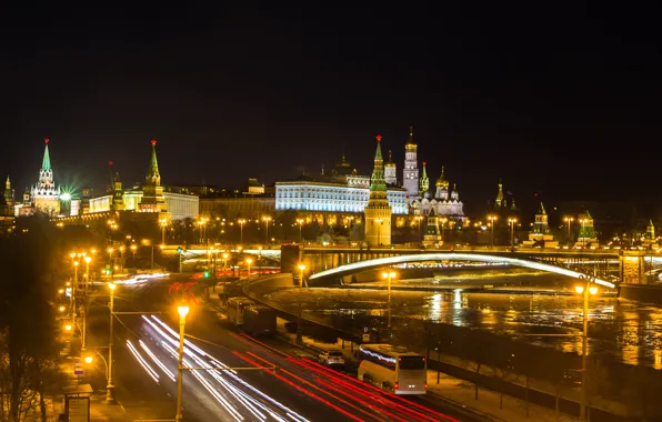 Night, the city, lights, river, Moscow, The Kremlin, Russia, Moscow