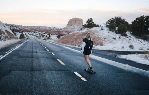 Girl, landscape, nature, mountains, rocks, snow, Road, sports