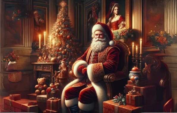 Retro, interior, Christmas, gifts, pictures, New year, Santa Claus, Santa Claus