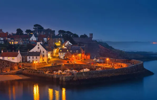 Picture sea, night, lights, home, Scotland, Crail