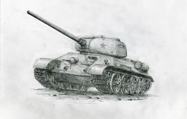 Picture pencil drawing, Soviet tank, T-34