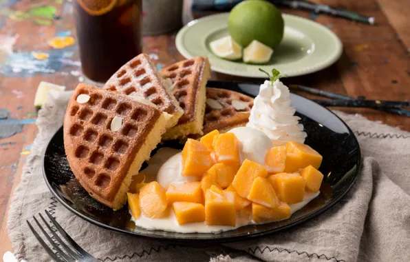 Cream, mango, dessert, waffles
