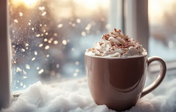 Winter, glass, light, snow, nature, comfort, coffee, window