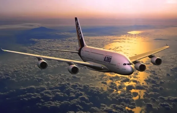 Sunset, The sky, Sea, The plane, Aviation, A380, Airbus, In the air