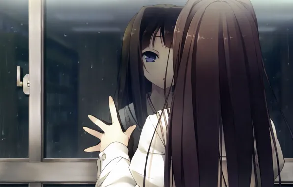 Look, girl, drops, reflection, rain, anime, window