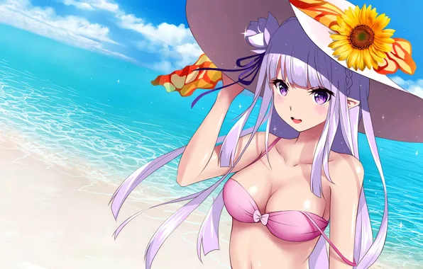 Girl, sexy, cleavage, beach, long hair, sea, hat, boobs