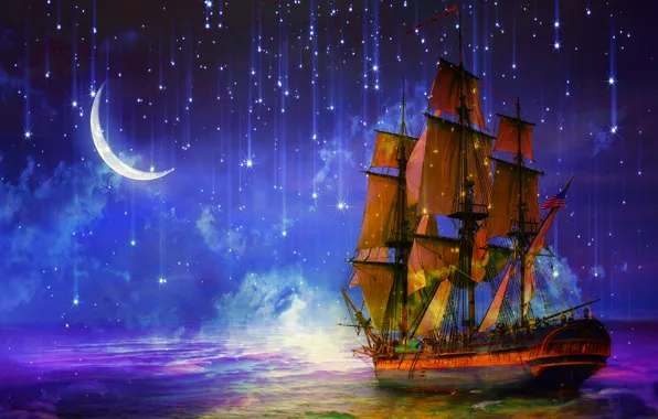 Sea, night, ship, sailboat, stars, art, Crescent