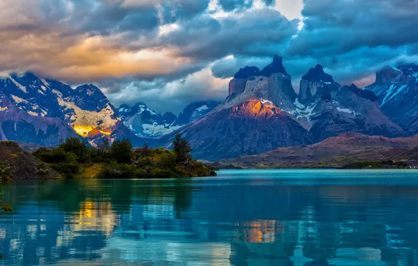 Clouds, mountains, lake, rocks, beauty, the evening, Chile, Patagonia