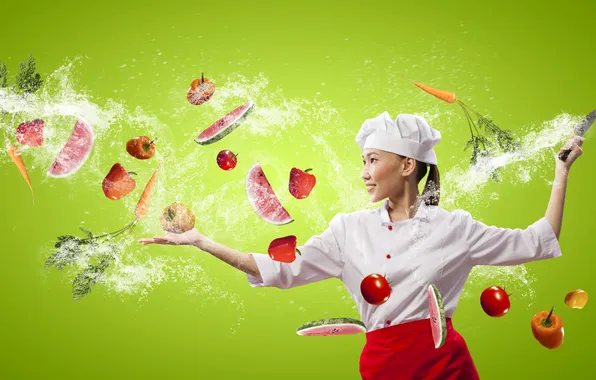 Picture girl, creative, knife, cook, vegetables, tomatoes, carrots, watermelons