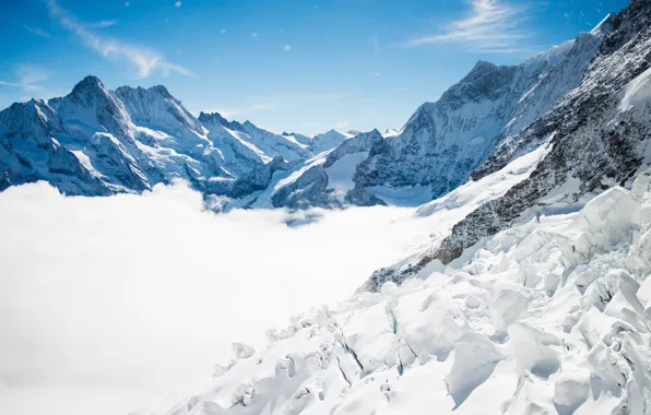 The sky, the sun, clouds, snow, mountains, rocks, Switzerland, Bernese Alps