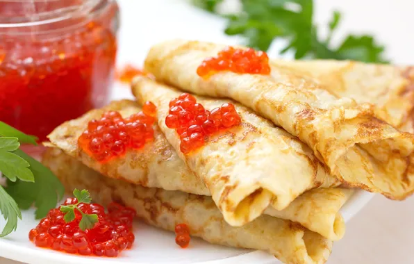 Pancakes, caviar, cakes, pancakes