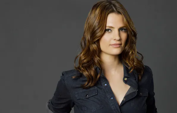 Actress, the series, shirt, grey background, Castle, Castle, Stana Katic, Kate Beckett