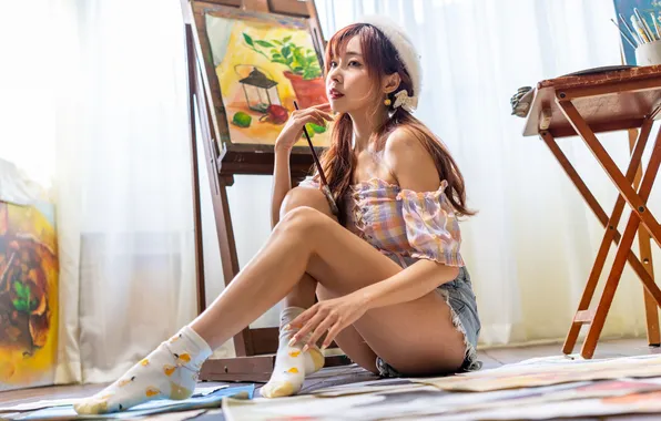 Girl, legs, Asian, brush, artist, takes