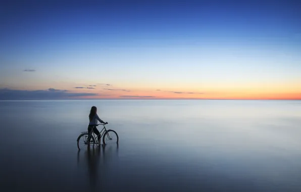 Picture sea, girl, sunset, bike