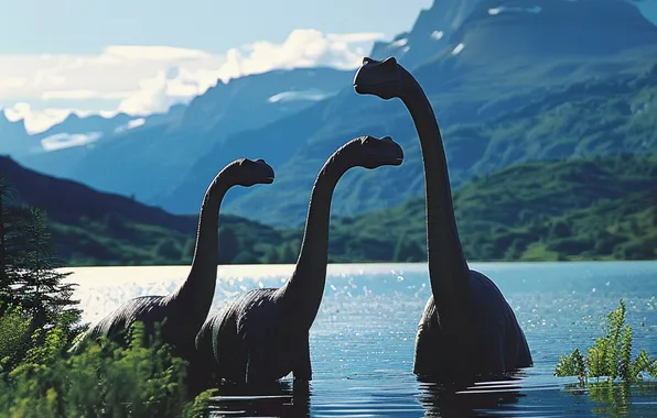 Water, Clouds, Mountains, Lake, Trees, Animals, Three, Digital art