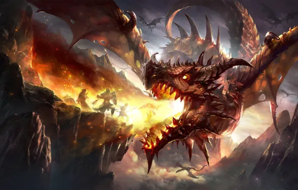 Picture fire, fantasy, Dragon, horns, armor, wings, mountains, rocks