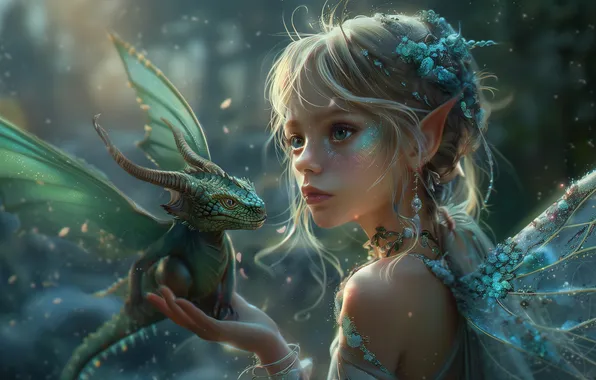 Girl, Look, Blonde, Hair, Wings, Fairy, Digital art, Dragon