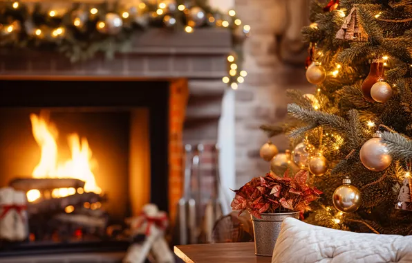 Picture lights, holiday, tree, interior, Christmas, fireplace, garland, house
