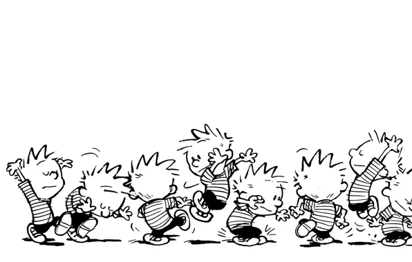 Picture b/W, comic, jumping, dancing, Calvin, Calvin
