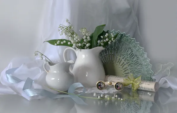 Flowers, fan, pitcher, still life, lilies of the valley