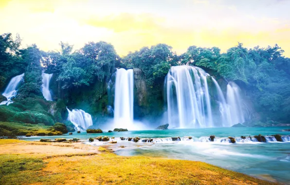 The sky, trees, mountains, nature, waterfall, beauty, pond