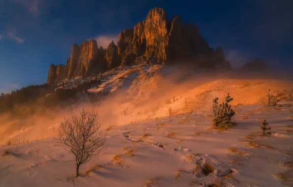 Winter, snow, landscape, sunset, mountains, traces, nature, rocks