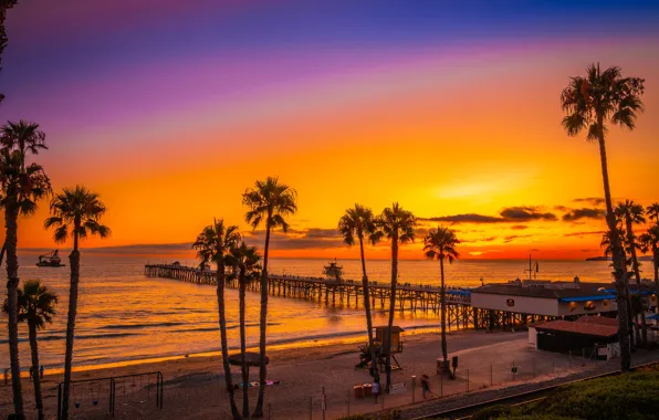 Picture sea, beach, the sky, sunset, palm trees, coast, horizon, CA