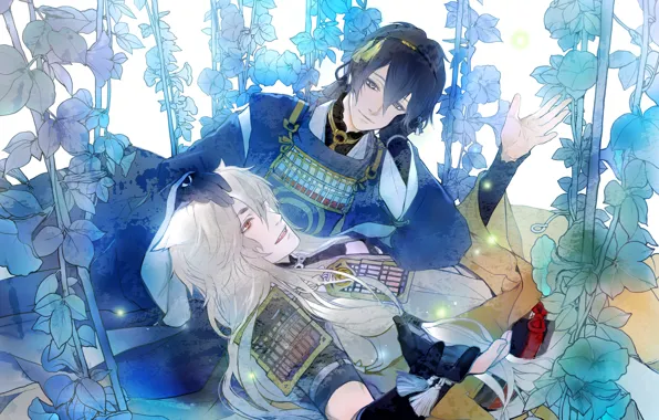 Flowers, art, men, Touken Ranbu, Mikazuki Munechika, Mikazuki Munechika, Chiconamel, vovo