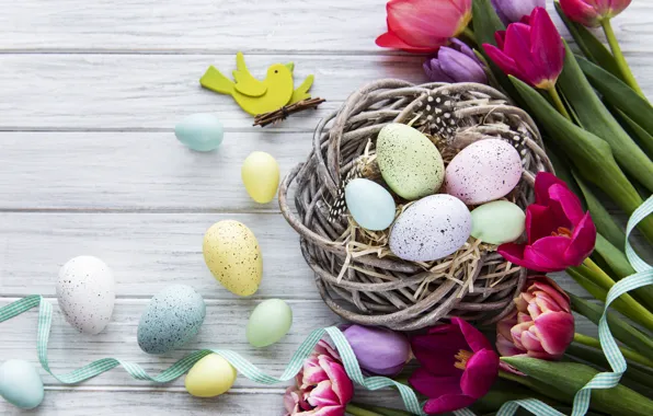 Flowers, eggs, spring, colorful, Easter, tulips, happy, wood