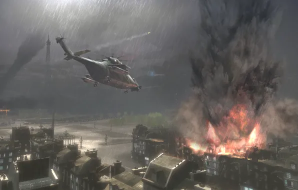 Picture rain, building, explosions, helicopter