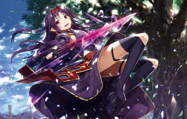 Picture girl, trees, weapons, sword, anime, art, sword art online, Yuuki Konno