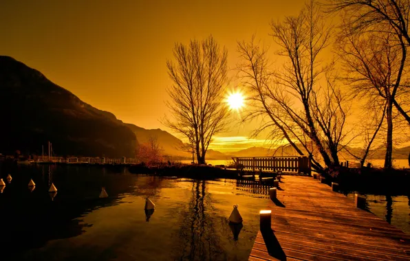 Landscape, sunset, bridge, lake