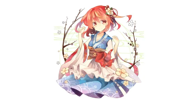 Picture white background, red, kimono, art, flower in hair, Touhou Project, Project East, Onozuka Komachi