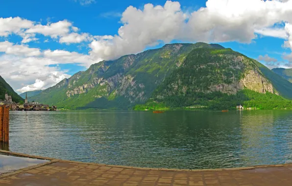 Forest, clouds, trees, mountains, lake, rocks, home, boats
