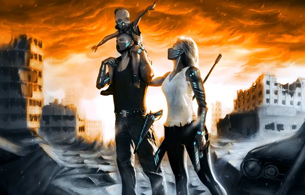 The city, future, weapons, child, family, mask, art, gas mask