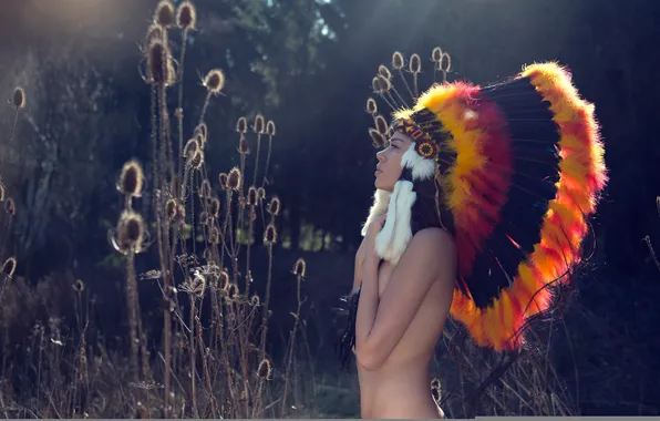 Summer, girl, nature, face, feathers, headdress