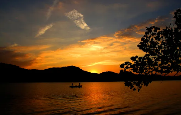 The sky, trees, sunset, mountains, lake, boat, fishermen